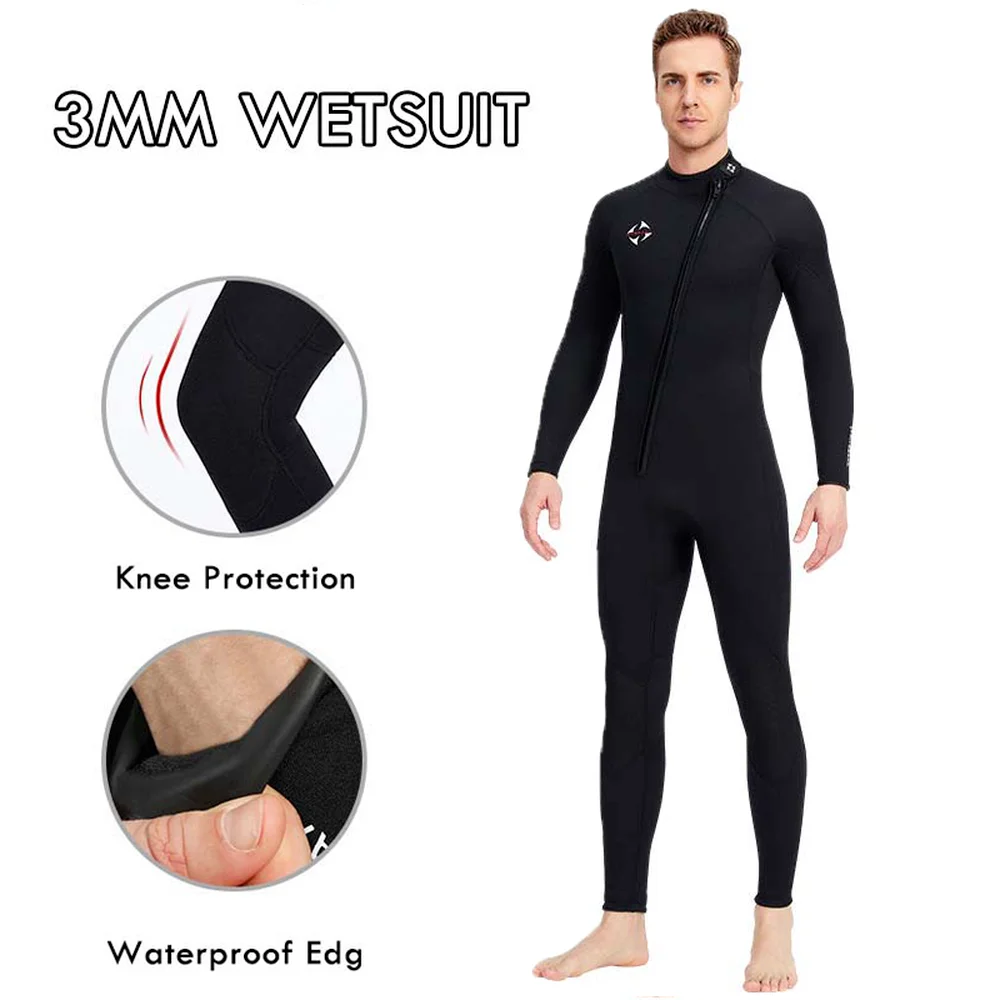 

3mm Neoprene Men's One-piece Front Zipper Wetsuit Water Surfing Swimming Long-sleeve Diving Suit Winter Fishing Swimwear 4XL