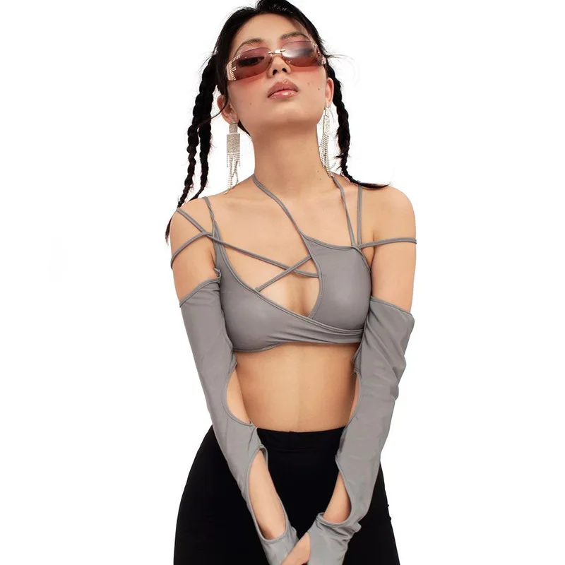 

2022 Goth Dark Cyber Y2k Techwear Punk Women Halter Tops Gothic Egirl Patchwork Long Sleeve Crop Top Sexy Cut Out Casual T-shirt