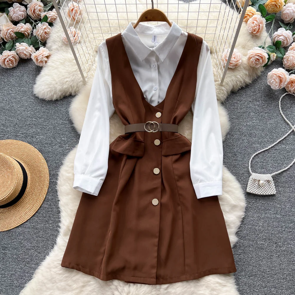 

Новое поступление на весну, белая рубашка во французском винтажном стиле + платье на бретелях с V-образным вырезом без рукавов, комплект из двух предметов