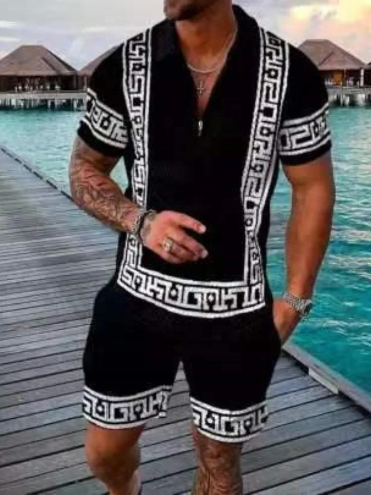 Summer Fashion Men's Polo Shirt Suit Lapel Printed Zipper T-shirt and Casual Shorts 2-Piece Set Casual Breathable Men's Clothin