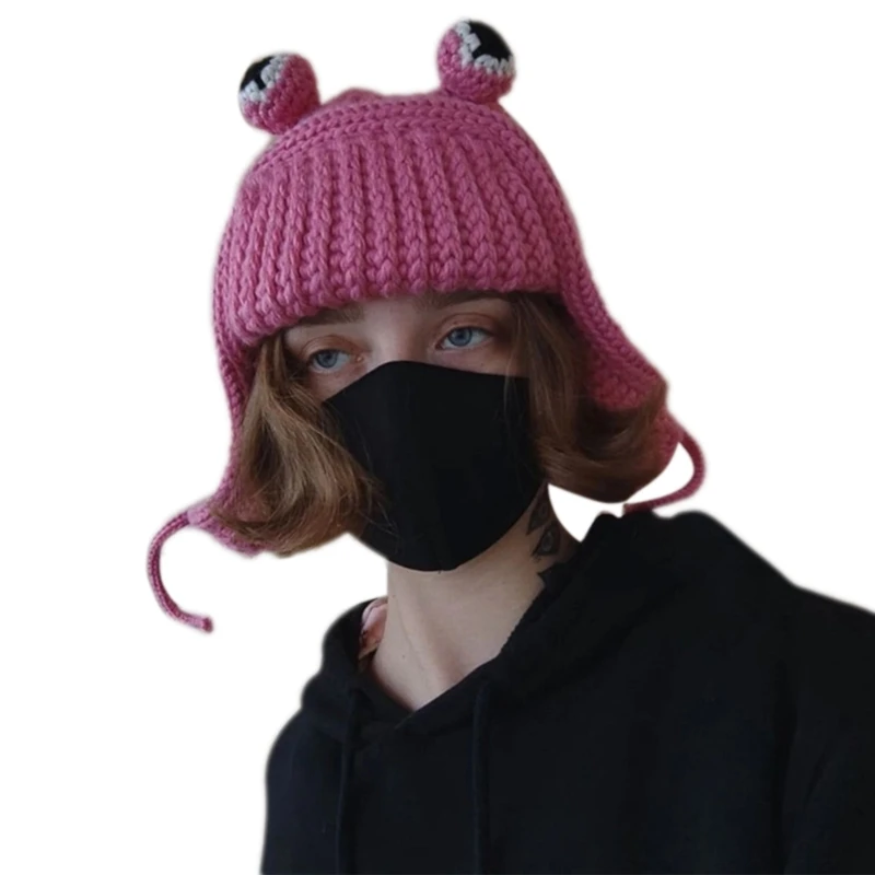 

Вязаная шапка-бомбер с ушами, шапка маленького дьявола, шапочка с большим глазом, вязаная шапка-Охотник