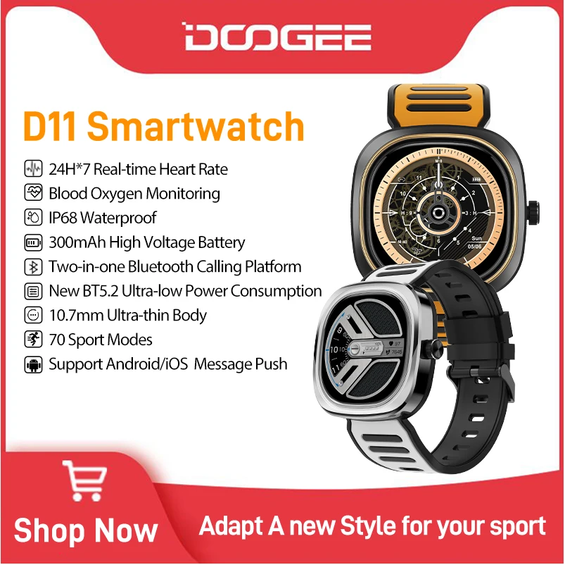 DOOGEE D11 водонепроницаемые умные часы с Bluetooth, пульсометром и аккумулятором на 300 мАч