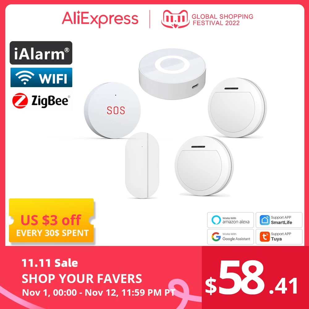 

iAlarm linkage Tuya Zigbee Gateway Security Smart home alarm Emergency Alarm Button Window Door Sensor Smoke Infrared Detector