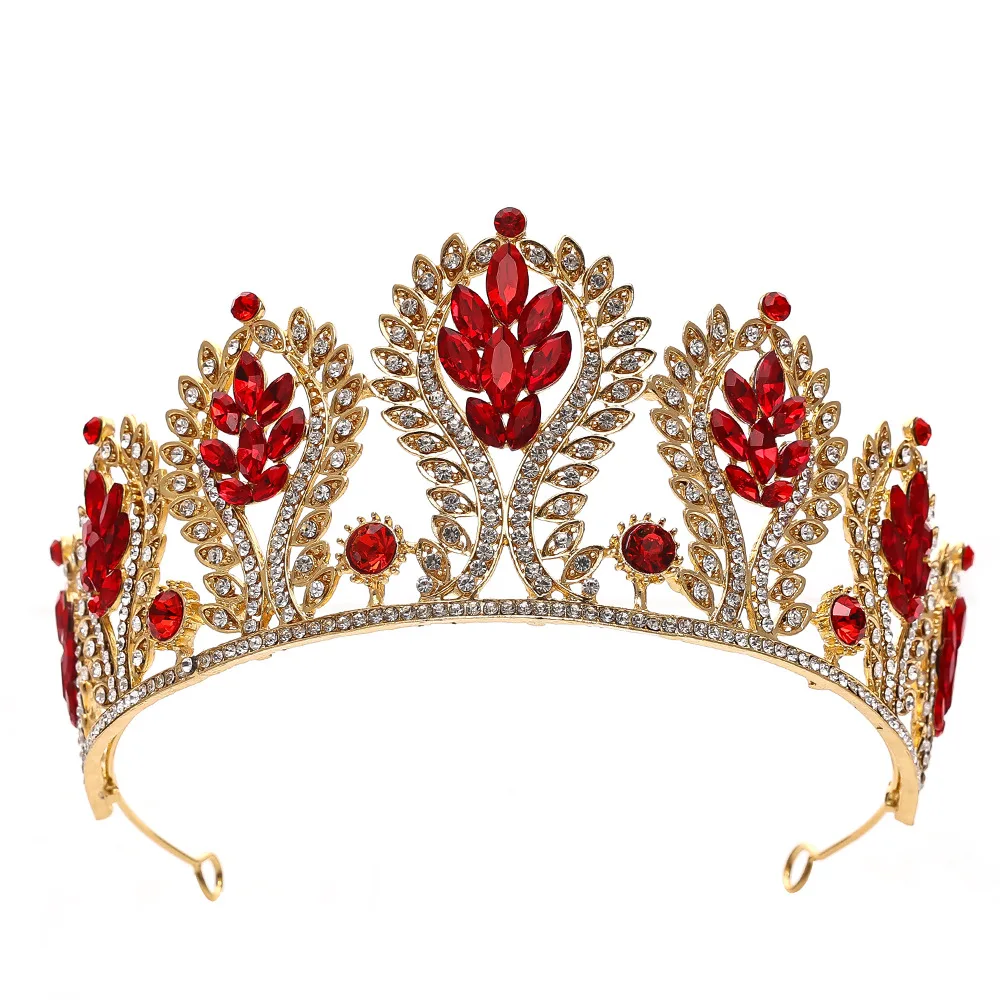 Red Crystal Leaf Crown Women Luxury Queen Bridal Tiaras Diadem Wedding Hair Dress Accessories Jewelry