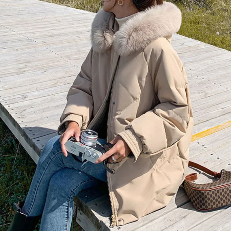 Women Winter Super Thick Warm Korean Loose Snow Jackets 2021 New Mid-length Coats Trendy Patchwork Overcoat Down Cotton Parkas