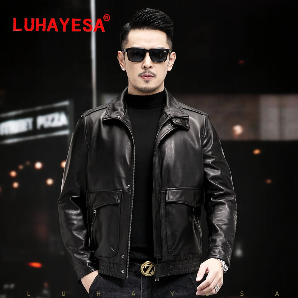 

2022 New Men Casual Goat Skin Leather Clothing Top Quality Daily Party Meeting Black Genuine Leather Jacket