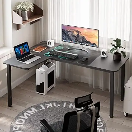 

Shaped Gaming Desk, 61 Inch Corner Computer Desk, Modern Office Study Writing Desk, Home Gaming Table with Mouse Pad & Cable Tab