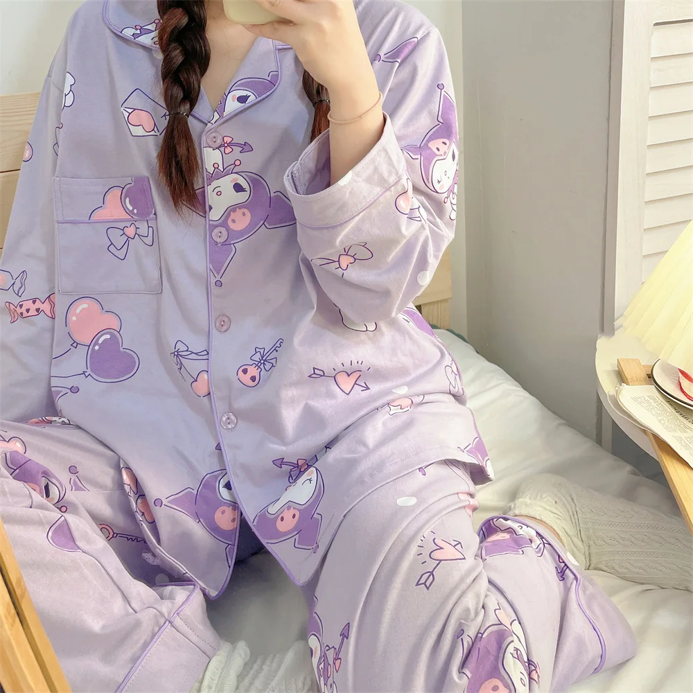 

Sanrio Kawaii Kuromi Pajamas Women's Spring and Autumn Long Sleeve Pants Two Piece Cartoon Sweet and Cute Home Clothes