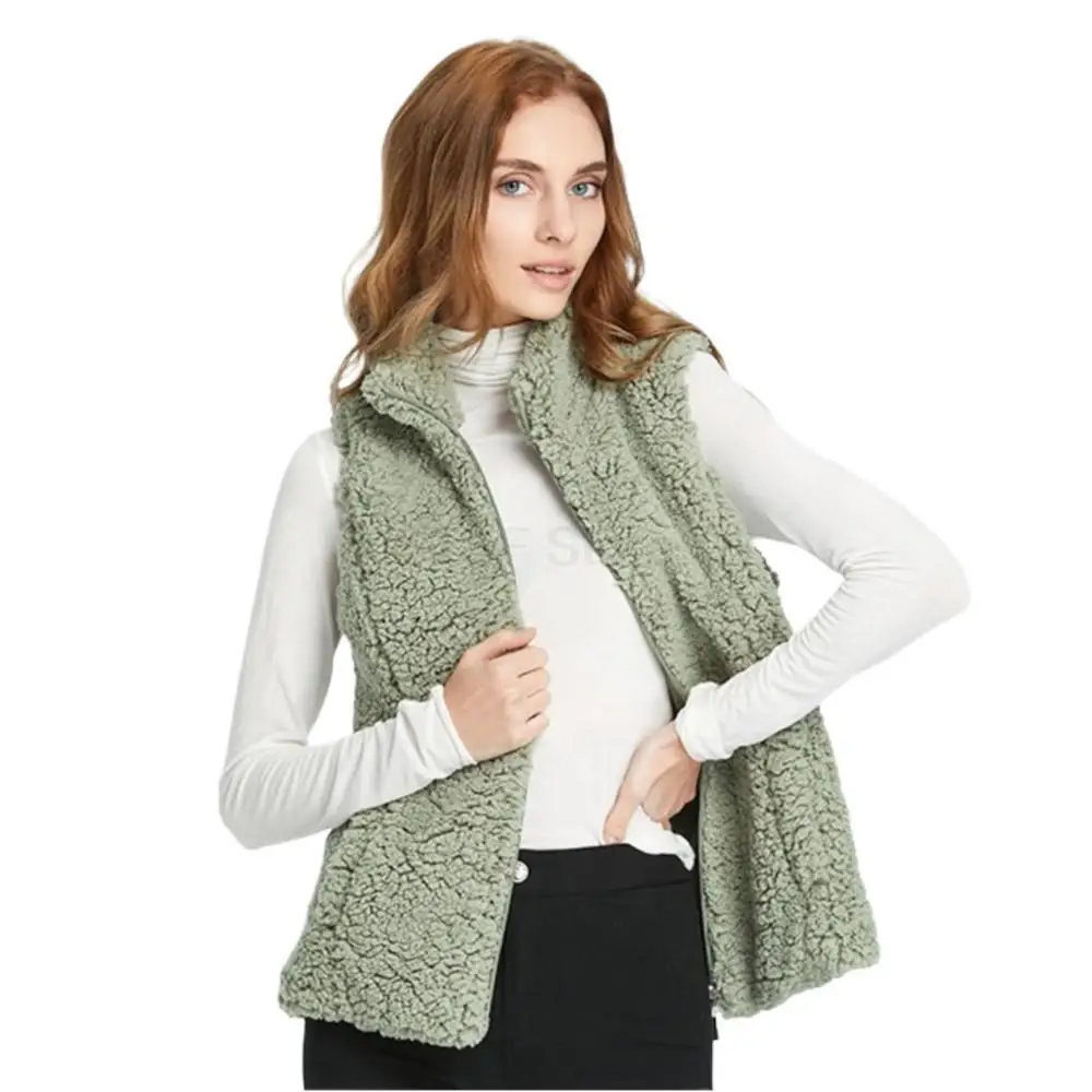 Winter Thermal Teddy Real Fur Women Vest Leisure Sleeveless Zipper With Pockets Fur Vests Pure Color simpleWomen Winter Coat