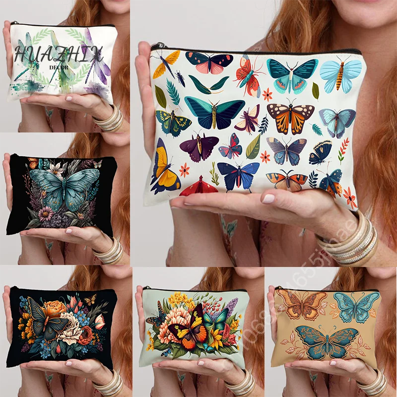 

Butterfly Dragonfly and Flower Print Cosmetic Bags Women Makeup Pouch Lipstick Storage Cases Large Capacity Portable Canvas Bag