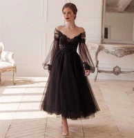 black princess evening dress 2022 a line sexy illusion long sleeve v neck lace appliques backless ankle length party prom gown