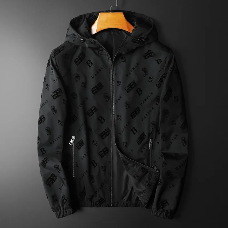 

Куртка мужская демисезонная с капюшоном, роскошная черная верхняя одежда с длинным рукавом, на молнии, с надписью, модель 5XL