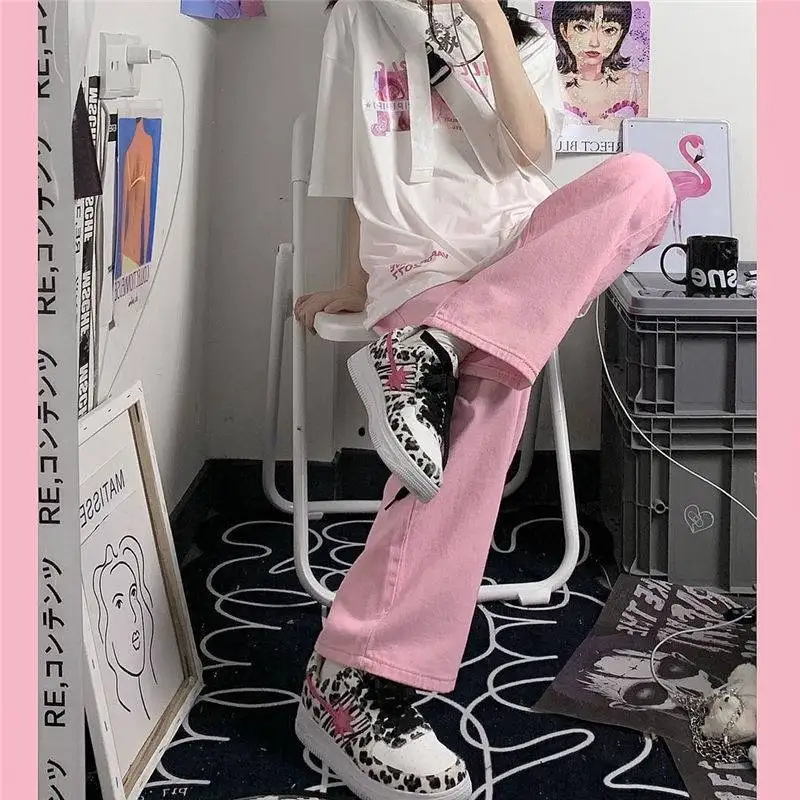 Streetwear Loose Ladies Kawaii Korean Version Trend Heart Chain Low Rise Denim Pants Baggy Pink Trousers Wide Cargo Women Jeans