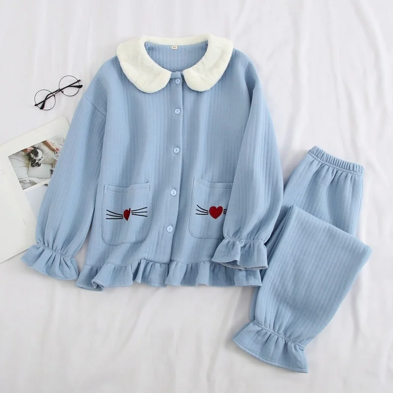 QWEEK Cotton Pajamas Women Doll Collar Flared Sleeves Pijamas Ruffled Pocket Embroidery Pyjamas Autumn Winter Sleepwear Homewear