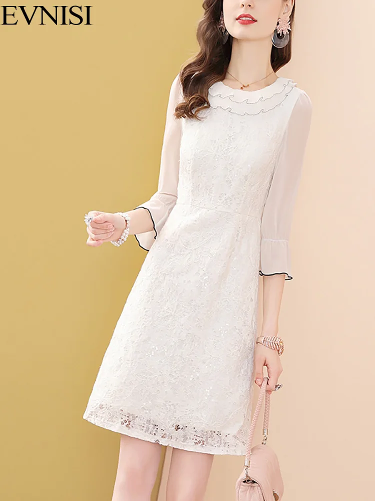 

EVNISI White Lace Dress Women 2022 Autumn New Flare Sleeve Double-layer Casual Office Lady Dresses A-line Vestidos