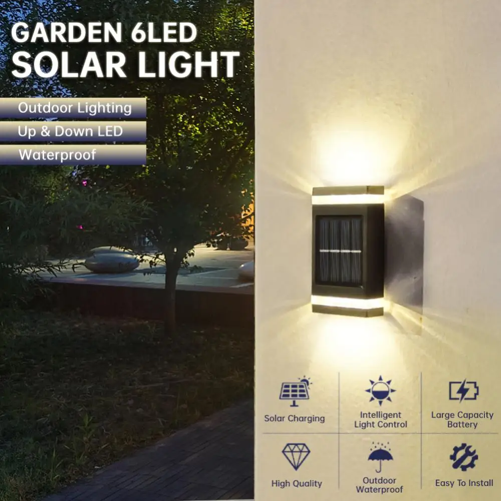 

6 светодиодный настенный светильник на солнечных батареях наружное водонепроницаемое светящееся освещение вверх и вниз, украшение для сад...