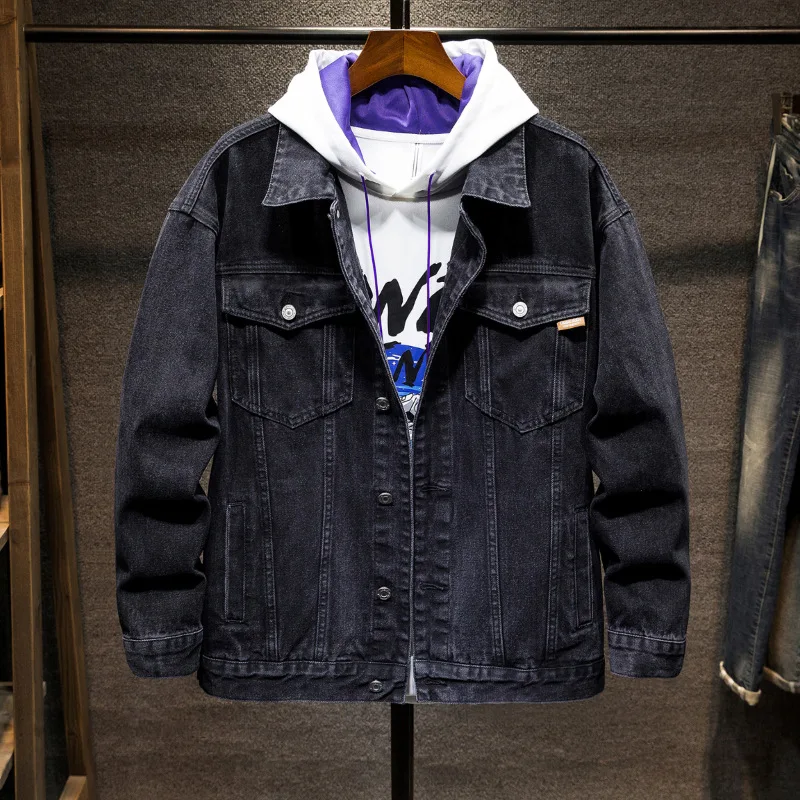 

Plus Size Men's Denim Jacket Men's Autumn and Winter New Washed Loose Lapel Printed Jacket Top