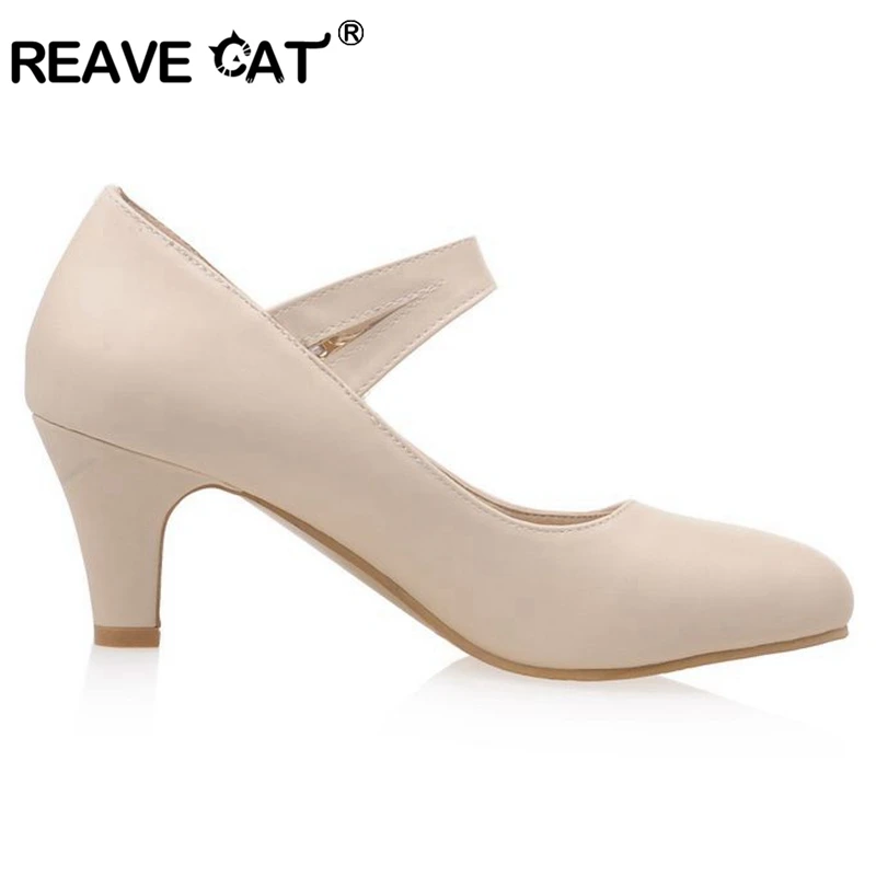 Фото Женские туфли-лодочки REAVE CAT на среднем каблуке, большой размер 43, весенне-осенние милые туфли с круглым носком, синие, бежевые туфли с пряжкой и ремешком №3
