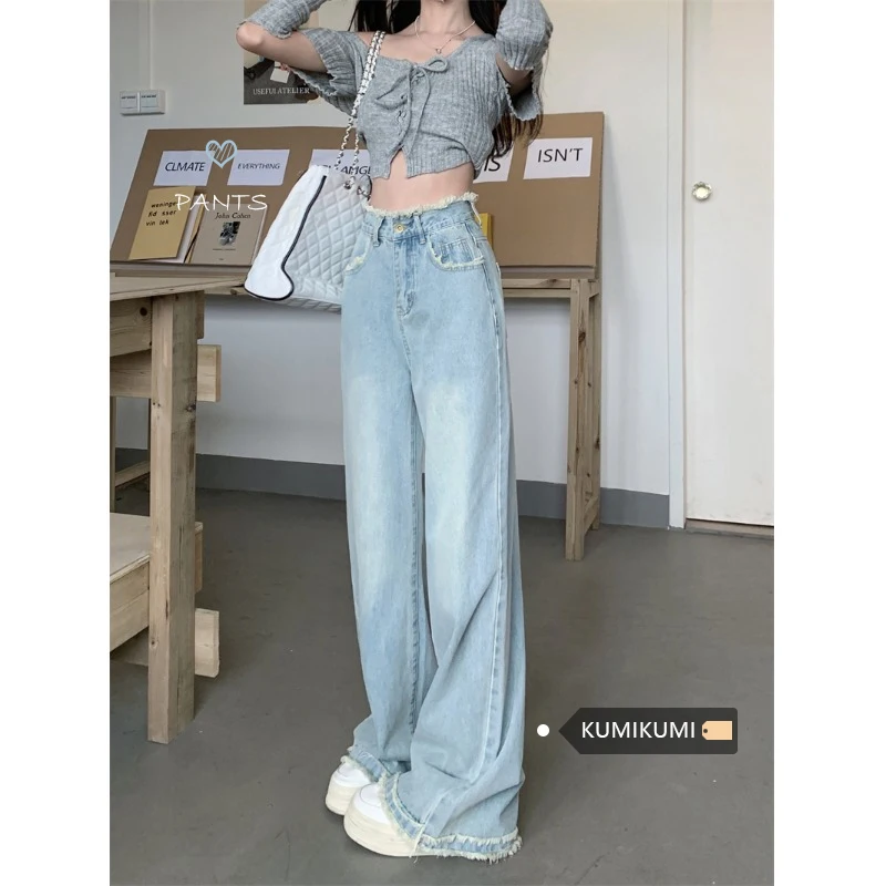 

High Waist Loose Washed Blue Straight Wide Leg Jeans Women Raw Edge Denim Pants Zipper Y2k Pantalones Street Full Length