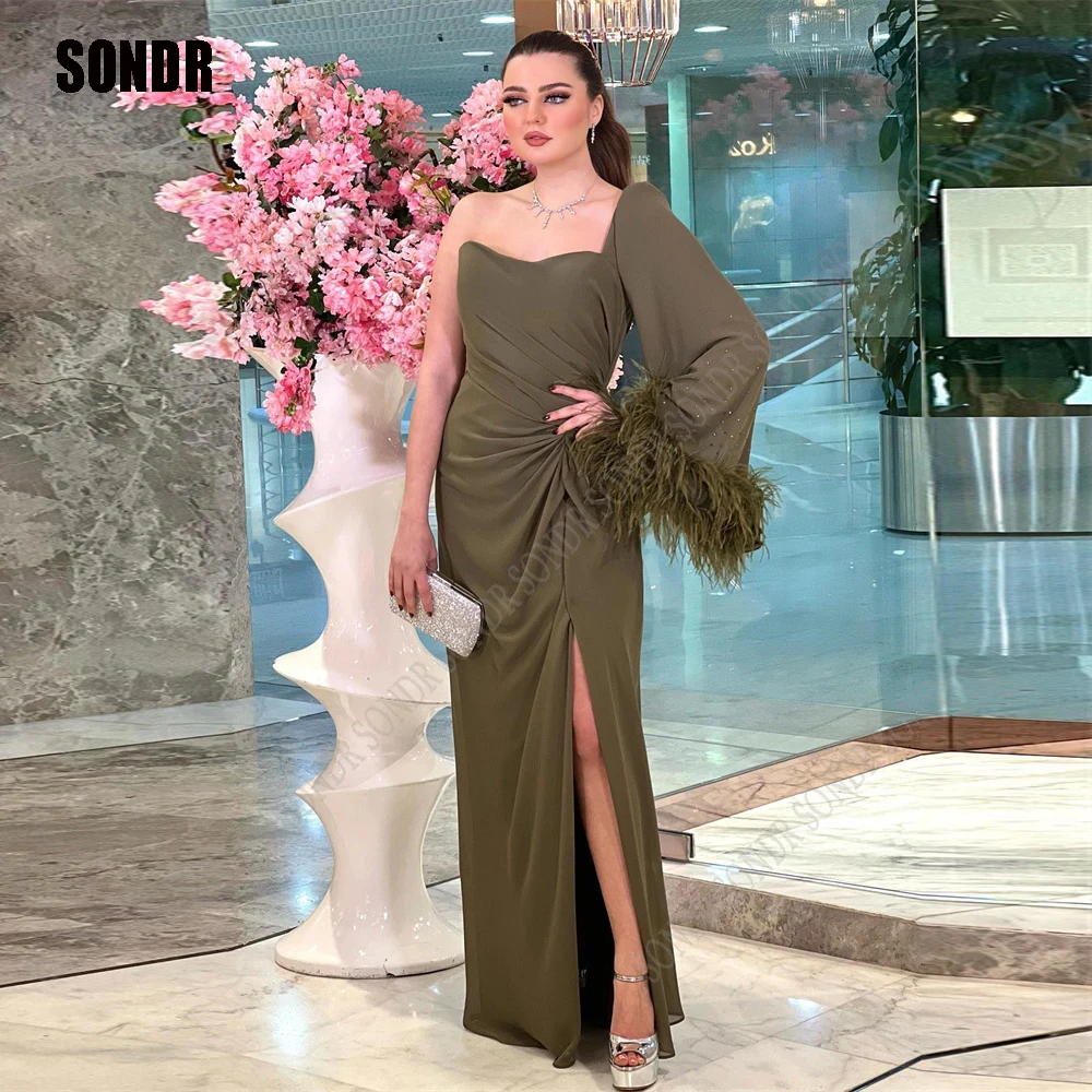 

SONDR Green One Shoulder Evening Dresses 2023 Feather Pleats Floor Length Saudi Arabic Women Party Dress Split Prom Formal Gowns