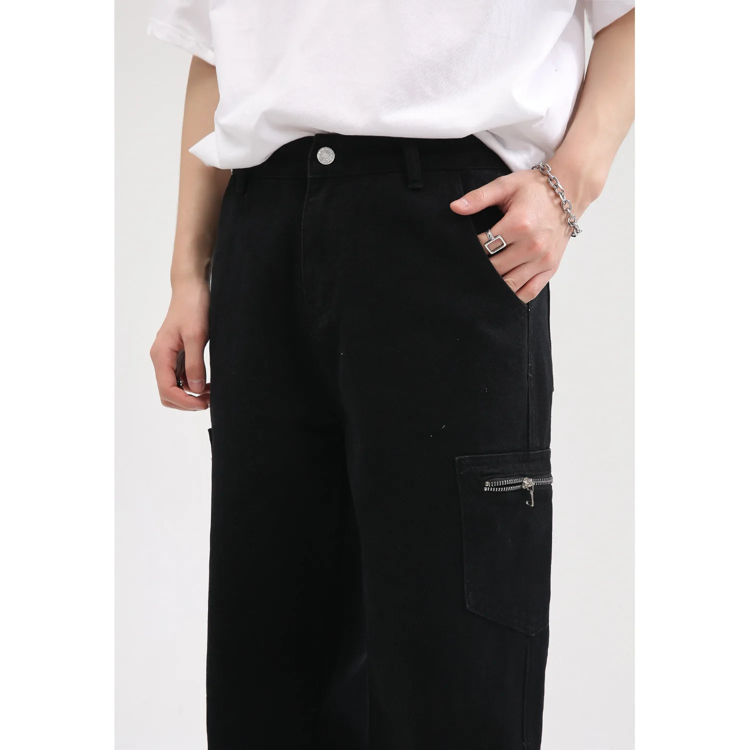 Four Seasons Men's Jeans Korean Style Fashion Tooling Straight Metal Zipper Jeans Men's Y2k Pants Streetwear Hip Hop Jeans JEANS