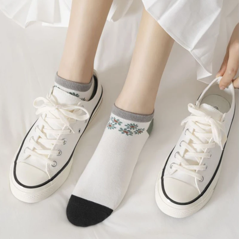 5 Pair Geometric Print Short Socks Women Summer Low Tube Fashion New Cotton Socks Set Asakuchi Breathable Japanese Style Socken