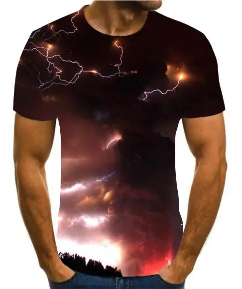 

Men's 3D Print T-shirt, Lightning Landscape Print T-shirt, Black Summer T-shirt, Round Neck Beach T-shirt Men Clothing XXS-6XL