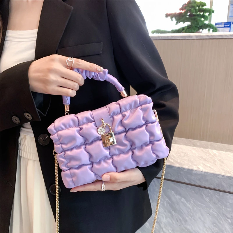 

Luxury Lock Crossbody Bags For Women 2023 Puff Leather Ruched Handle Shoulder Bag Women Casual Satchels Fashion Bag Box Handbag