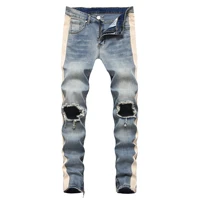 new mens jeans denim vintage white stripe side knee holes slim side zipper pencil pants streetwear men denim jeans