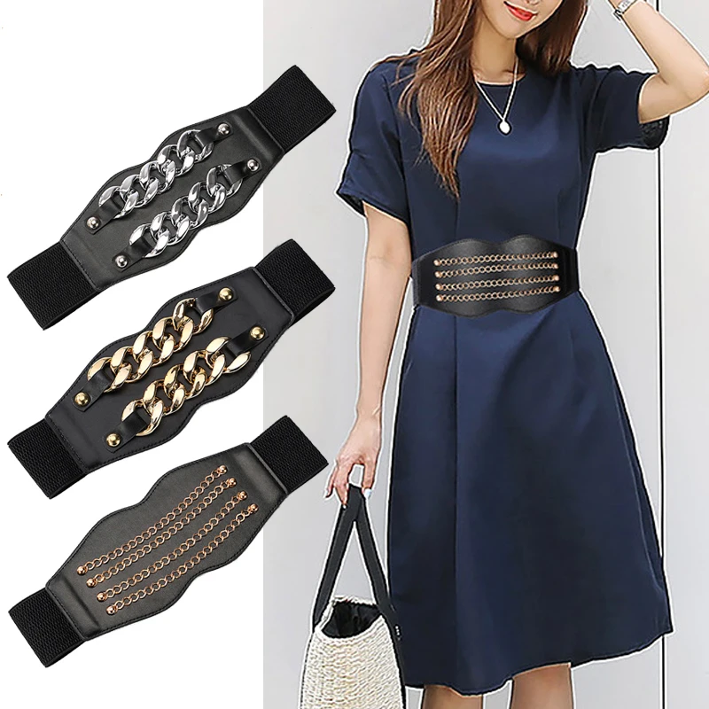 

PU Leather Gold Chain Waist Strap Chain Decoration Corset Belt Shirt Dress Waistband Metal Stretch Cummerbunds Fashion DIY