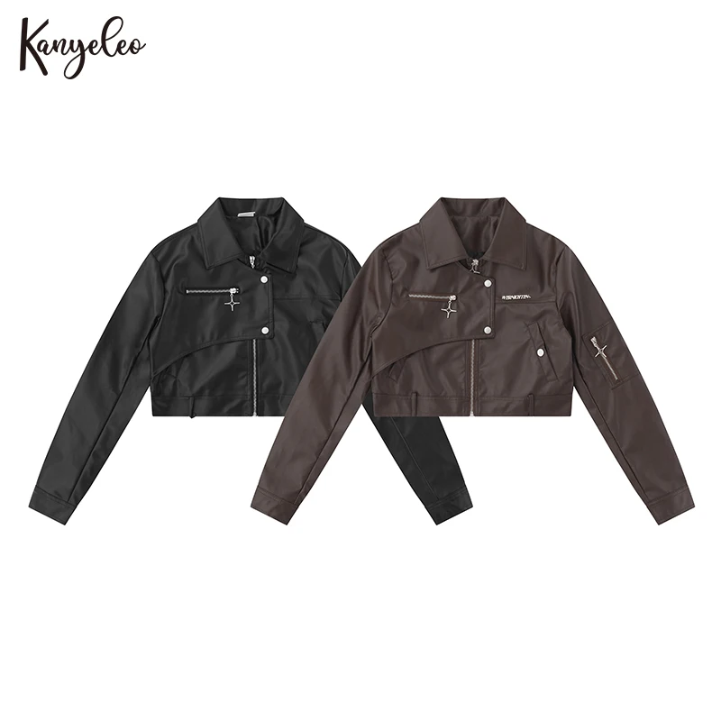 

Женская Короткая кожаная куртка на молнии в американском винтажном стиле