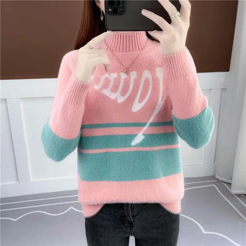 

Women's Half Turtleneck Sweater Oversize Female Long Sleeve Loose Pullover Jumper Ladies Print Warm Sweaters Tops Jumper G239