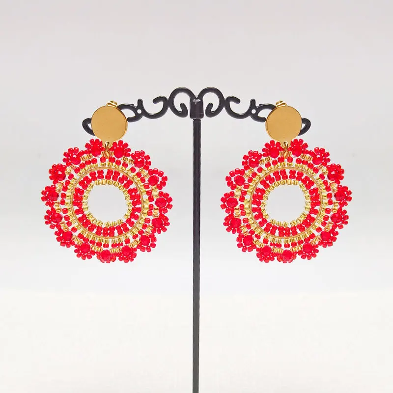 Серьги из рисовых бусин округлость оригинальность кружево с подсолнухом красный
