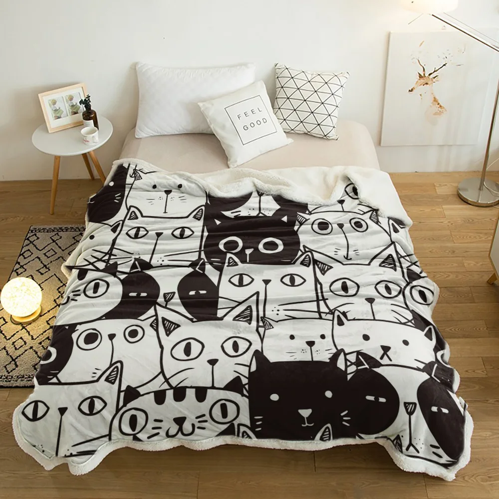 

Animal Cute Black And White Cat Pet Art Lamb Cashmere Fleece Blanket Home Bed Sofa Winter Sherpa Bedding Kids Thick Bedspread