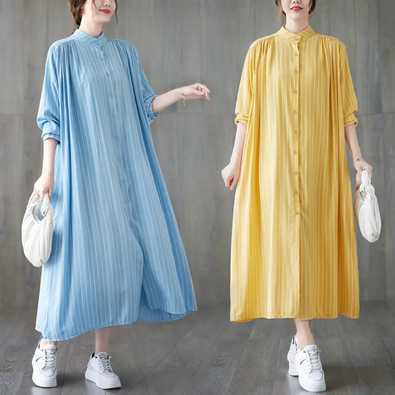 

Literary Vertical Stripe Dress Oversized Women's Stand Up Collar Buttoned Shirt Dress Long Sleeve Casual Trendy Clothing H2026