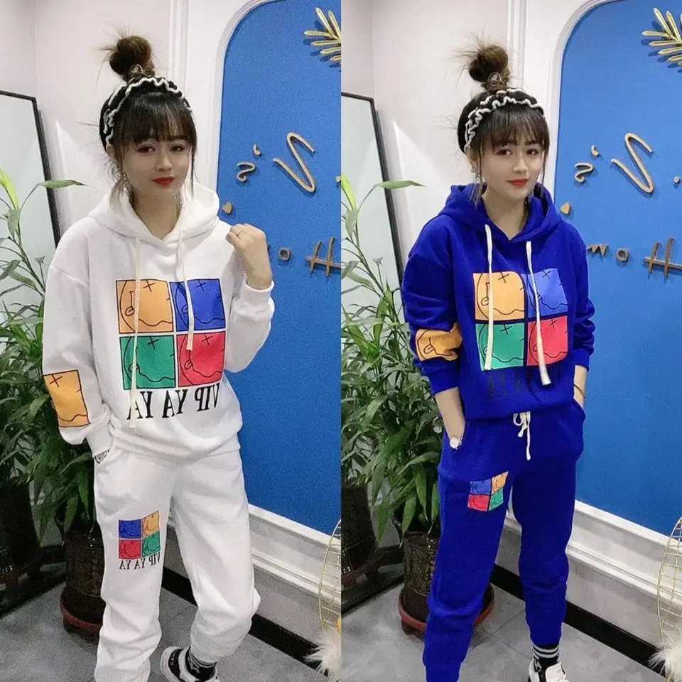 

2022 Spring and Autumn Casual Sports Suit Women's New Korean Style Loose Western Style Hooded Sweater Sweatpants Two-Piece Suit
