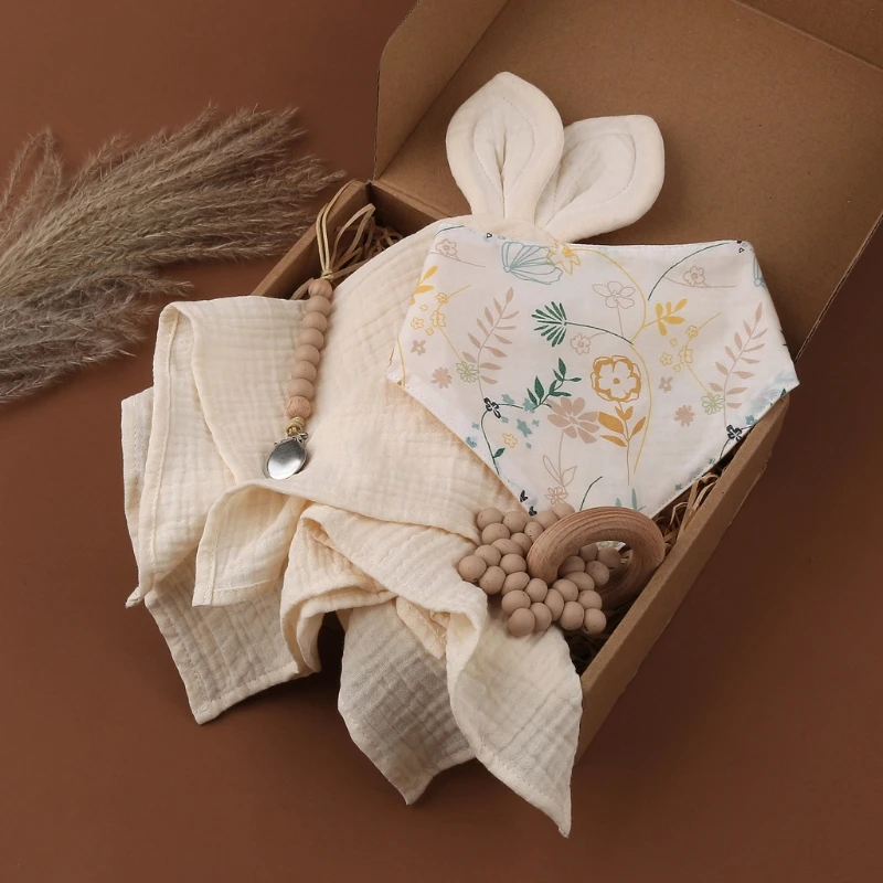 

4 Pcs Baby Birthday Gift Wooden Teether Toy Baby Cotton Bib Towel Pacifier Chain