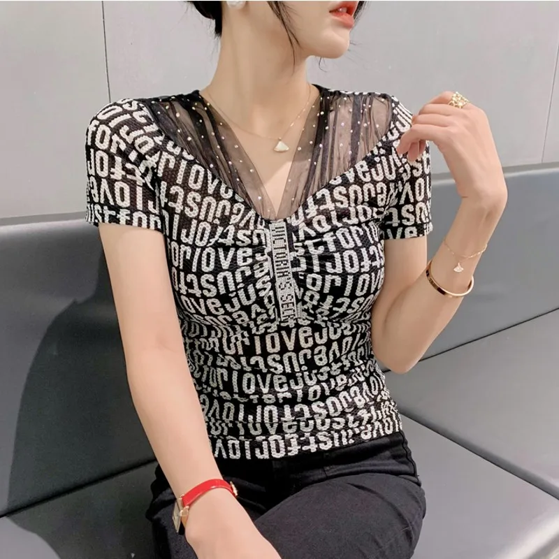 

Summer Stripe Letters Design T Shirt Chic Sexy Mesh Patchwork V-Neck Shiny Diamonds Women's TShirt Short Sleeve Tees Top