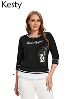 kesty womens plus size t shirt spring cotton 34 sleeve t shirt print fashion graphic with sequins round neck elastic loose top
