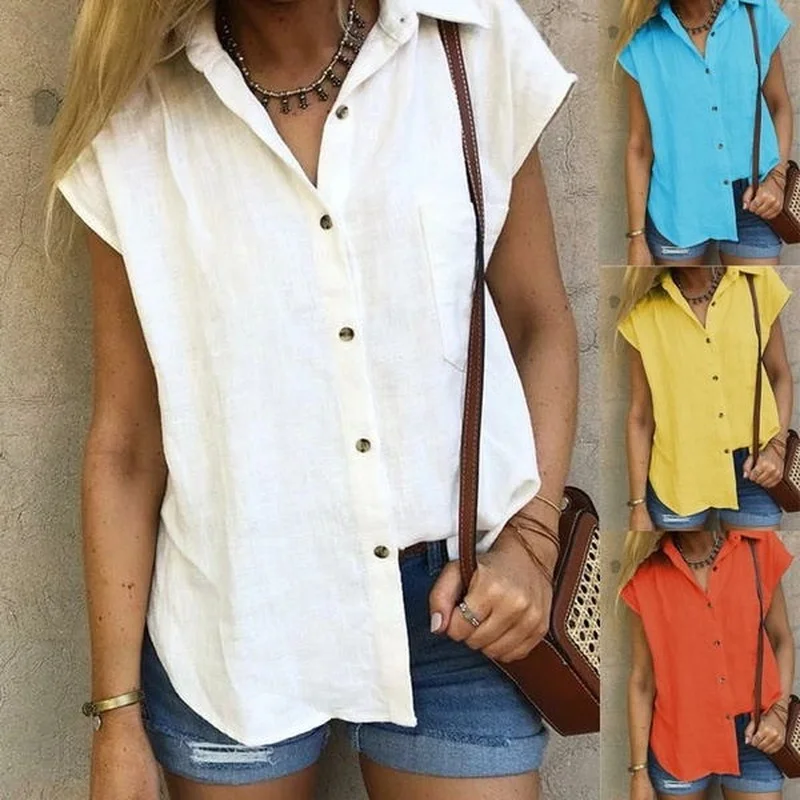 

Cotton Linen Blouse Women Shirt Short Sleeve Button Up Blouse Lapel Office White Shirts Casual Ladies Tops Loose Femme