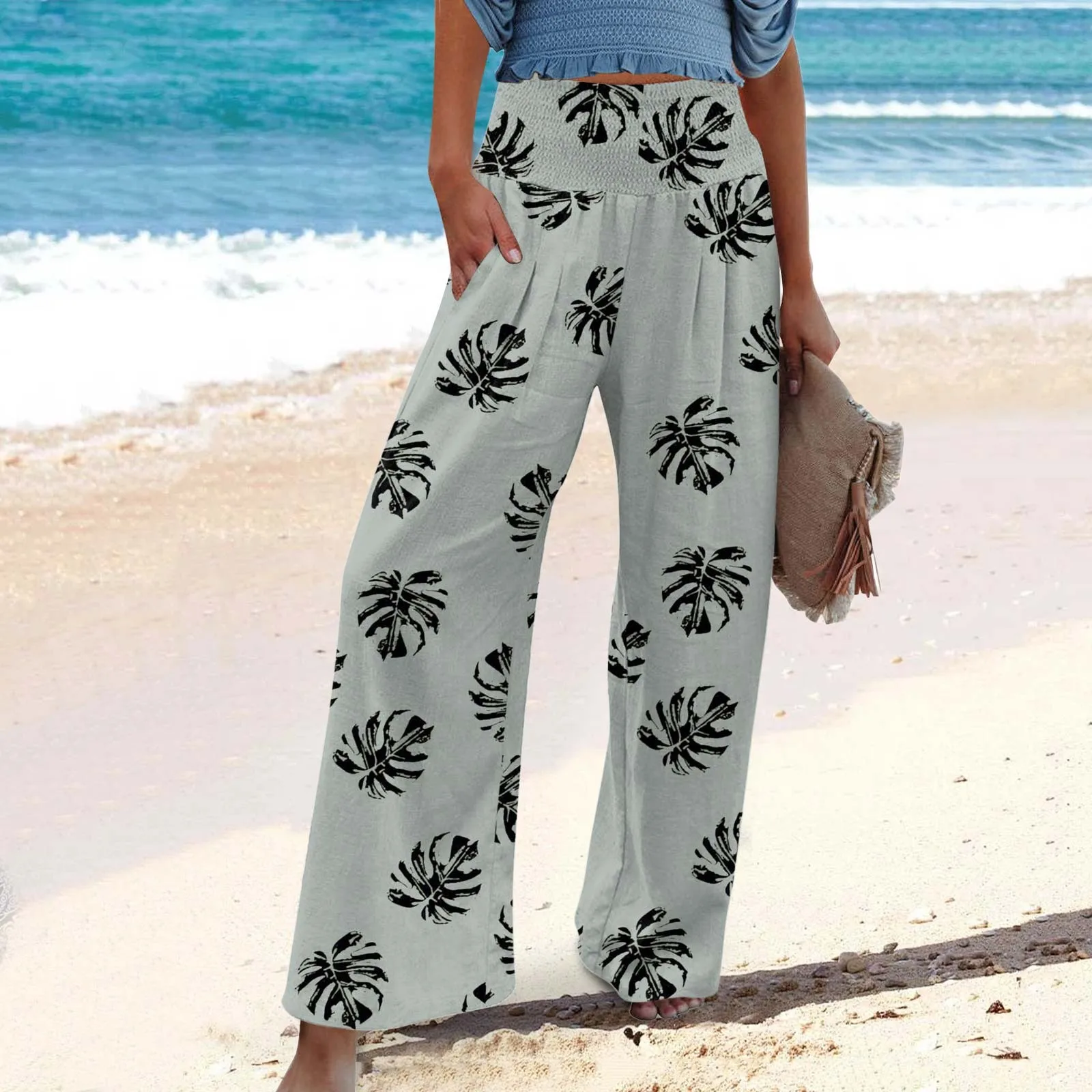 

Women Pants Casual with Pockets High Waist Wide Leg Palazzo Lounge Prints Pants For Women Smocked Elastic Waist Jag Dress Pants