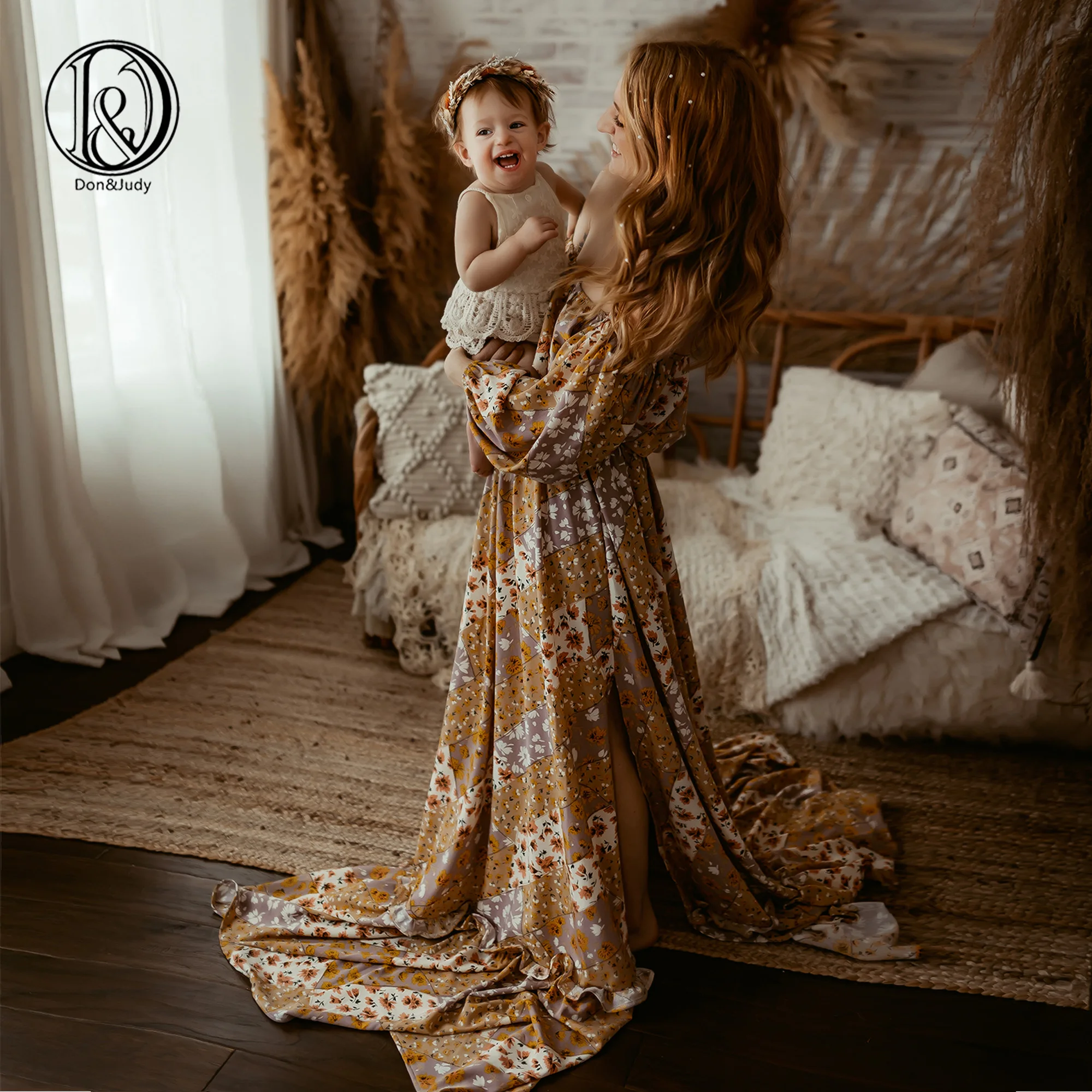 Don&Judy Off Shoulder 2 Pieces Gown Top and Skirt Set Floral Maternity Dress Long Sleeves Photography Robe Photo Shoot Clothes