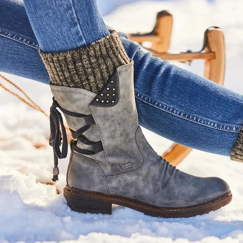 

Women Winter Mid-Calf Boots Pu Leather Winter Shoes Ladies Fashion Snow Boots Shoes Warm Botas Zapatos De Mujer