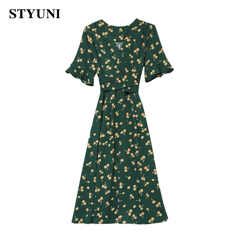 

Женское шифоновое платье с V-образным вырезом, коротким рукавом и высокой талией