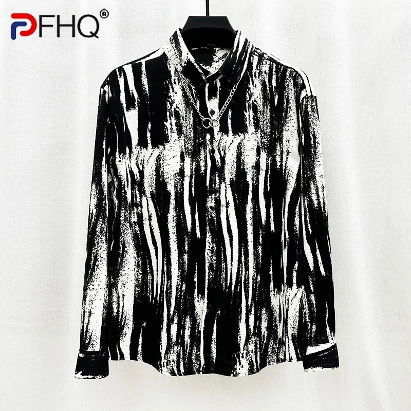 

PFHQ 2023 Summer New Casual Ink Dyeing Striped Shirts For Men Long Sleeve Single Breasted Printing Loose Men's Blouse 21F3821