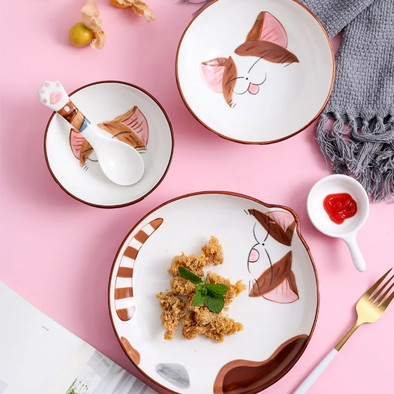 

Cute Cartoon Cat Ceramic Dinner Steak Food Dessert Plate Dish Dinnerware Porcelain Soup Bowl Spoon Tableware Breakfast Set Gift