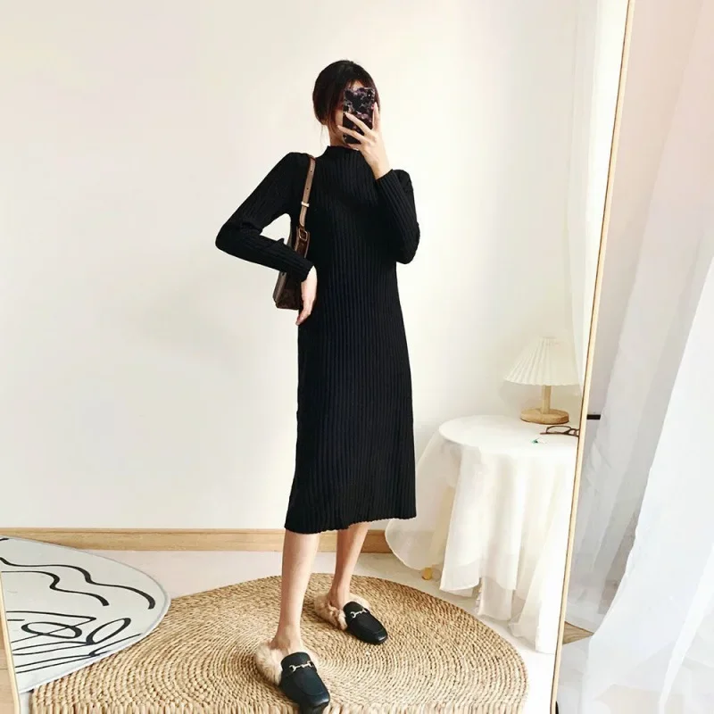 Осенне-зимнее вязаное платье свободного кроя с длинными рукавами женский свитер