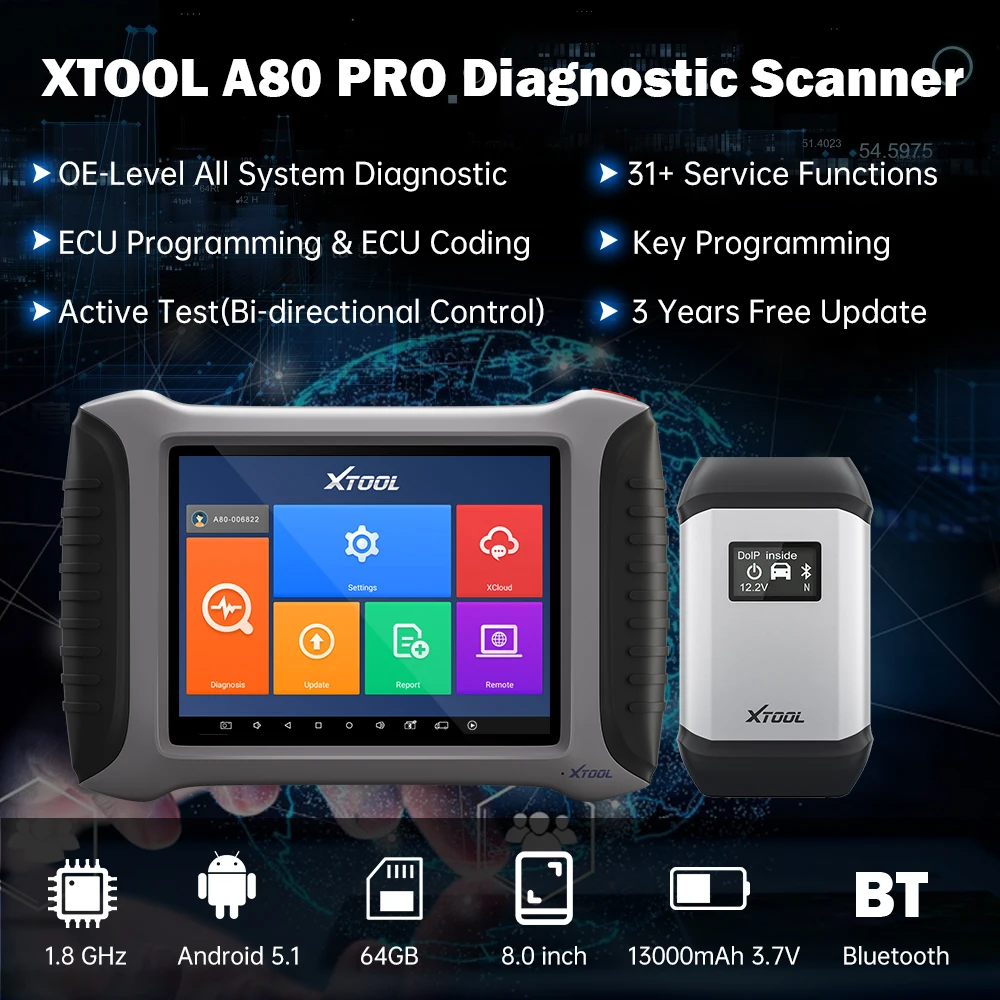 

XTOOL A80Pro Automotive All System Diagnostic Scanner with ECU Program/Coding Bi-Directional 31+ Reset Functions Key Programmer