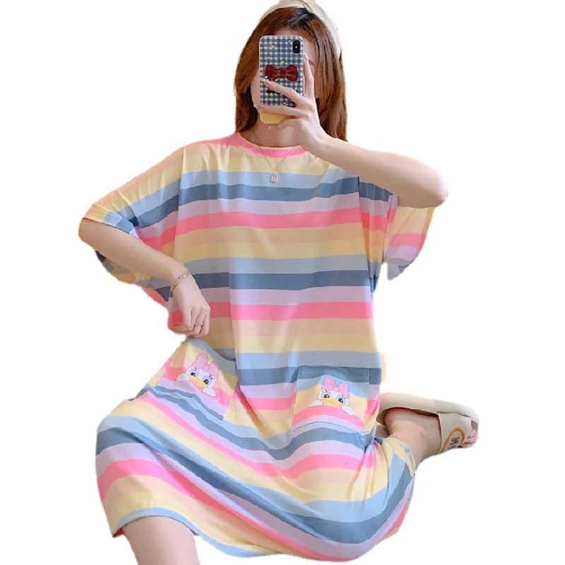 

Women Cotton Nightgown Short Sleeve Sleeping Dress Korean 2022 Summer Lady Sleepwear Lounge Girls Stripe Print Cute Sleepshirts