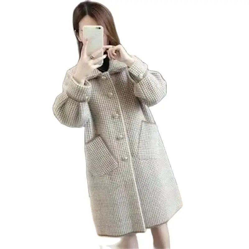 

Imitation Mink Velvet Autumn Winter Coat Female 2023 New Korean Version Knitted Cardigan Plaid Loose Medium Length Woolen Coat X